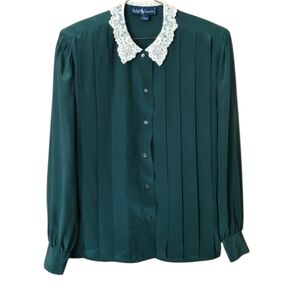 Ralph Lauren Vintage 80s Silk Blouse Button Down Lace 6